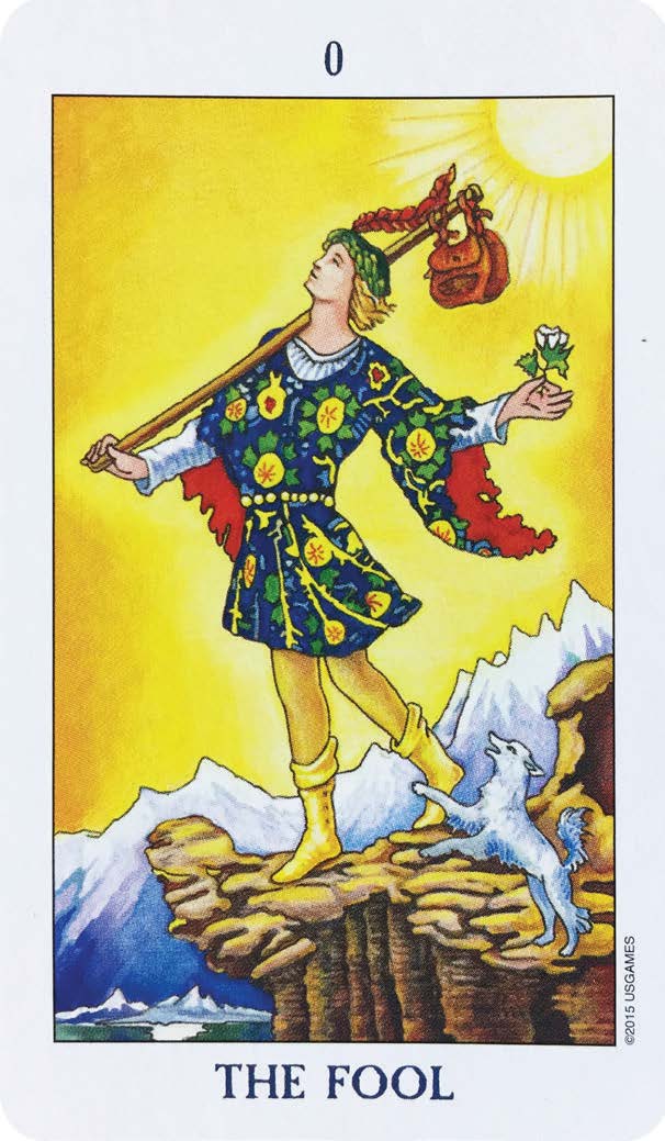 The Fool Tarot Card from the Universal Waite deck, depicting a carefree figure with a small dog at their heels, standing at the edge of a cliff.
